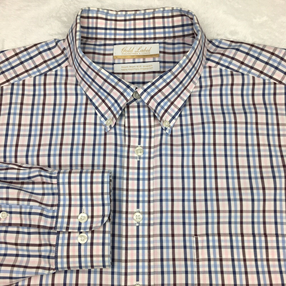 Roundtree & Yorke Gold Label Shirt Mens 18.5-36/37 BIG Multi-Color Check No Iron